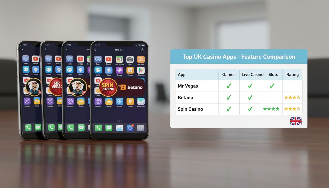 UK smartphones displaying casino apps with a comparison chart