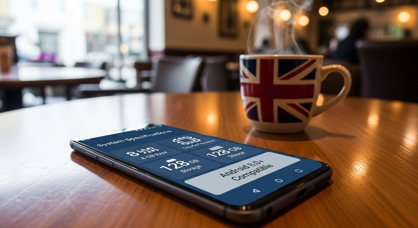 Android device with system requirement icons and UK elements