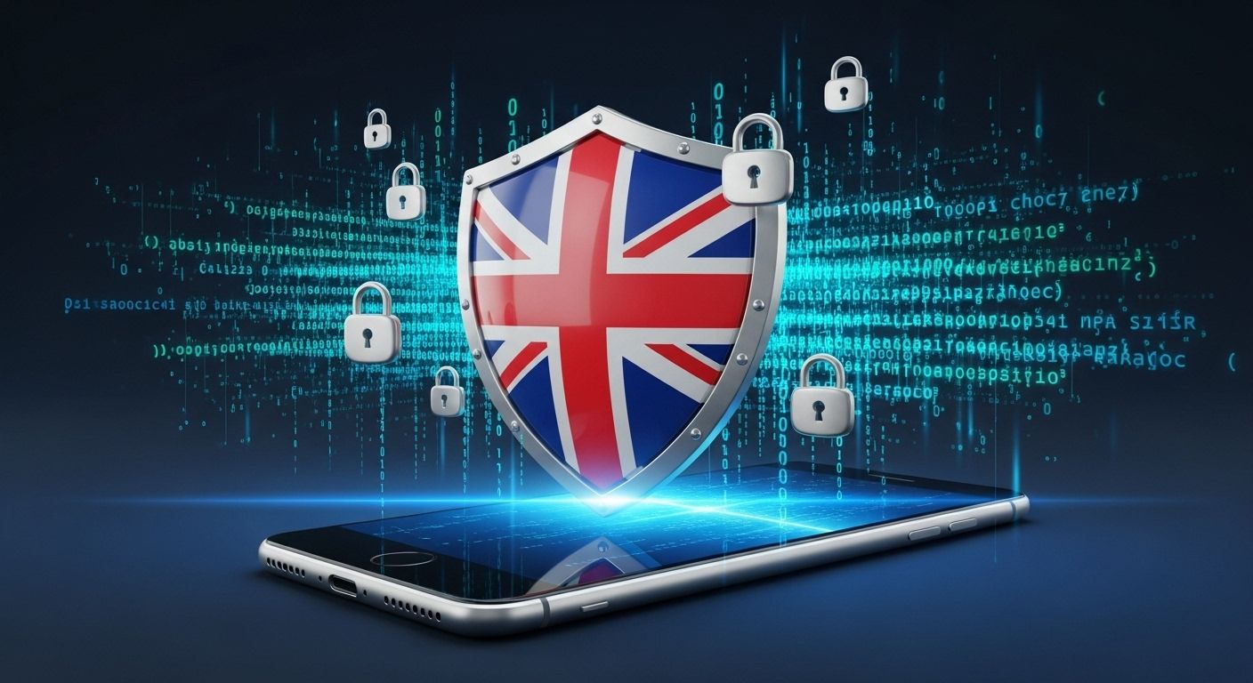 UK-themed digital security shield protecting smartphone data